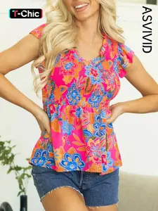 Women's Elegant Floral Print Blouse Top with Chest Smocking and Ruffled Flutter Sleeves