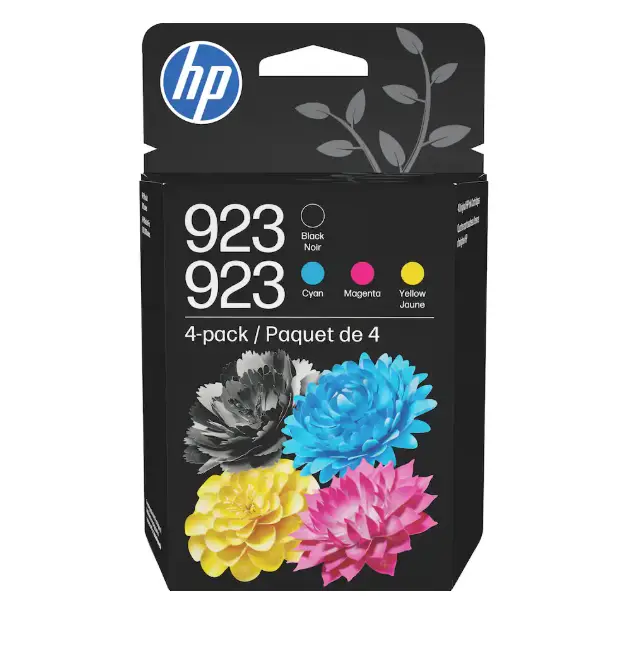 HP 923 Standard Capacity Ink Cartridges 4-Pack, Black Cyan Magenta Yellow, Printer Ink Replacement, HP Cartridge Set, Color Ink, Ink Supplies