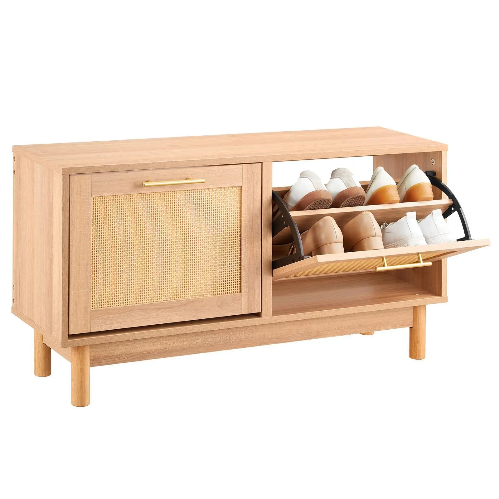VEVOR Entryway Shoe Bench, 39.4 x 11.8 x 20.9 Inch Rattan-Like Shoes Bench with 2 Flip Drawers, 300lbs Shoe Storage Rack with 4 Compartments and 2 Rattan Doors, for Hallway, Living Room, Bedroom#SohoChic