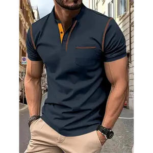 Men's contrasting color bound short sleeved lapel shirt, seasonal casual button up front collar shirt top, fashionable clothing for daily wear, breathable fabric for men's fit