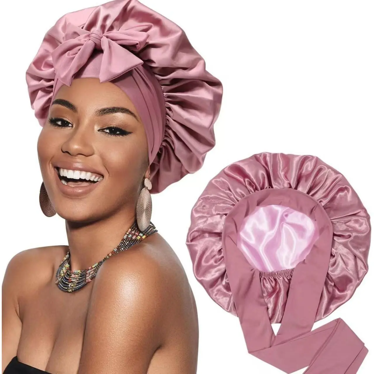 Satin Bonnet Silk Bonnet for Sleeping Silk Sleep Cap Double Layer Hair Bonnet with Elastic Tie Band for Curly Hair Night Cap