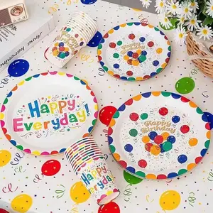 Colorful Happy Everyday Disposable Party Tableware Set Including Paper Plates Cups Napkins And Tablecloth For Birthday And Outdoor Celebrations