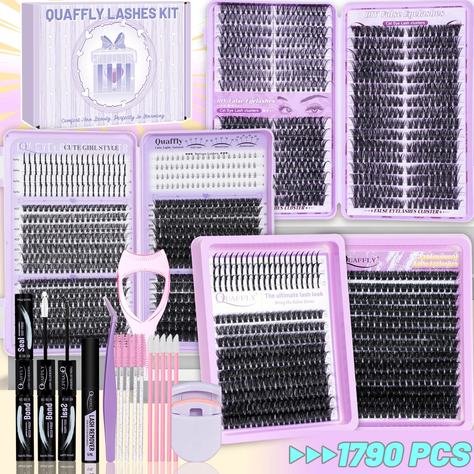 Lash Clusters Kit 1790Pcs With Spike and Bottom Lash DIY Individual Lashes Extension Kit Lash Bond&Seal Remover Tweezer Brush Mascara Shield Lash Curler Diy Lash Tools For False Eyelash Cluster Kit At Home Eyelash Extension Tweezers