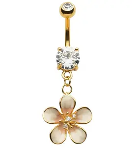 Gold PVD Painted White Flower Clear CZ Dangle Belly Button Ring
