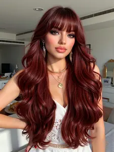 26-Inch Wine Long Curly Bangs Wig for Women, Synthetic Hair Wig for Halloween, Cosplay, Festivals, Daily Wear, Easy Styling