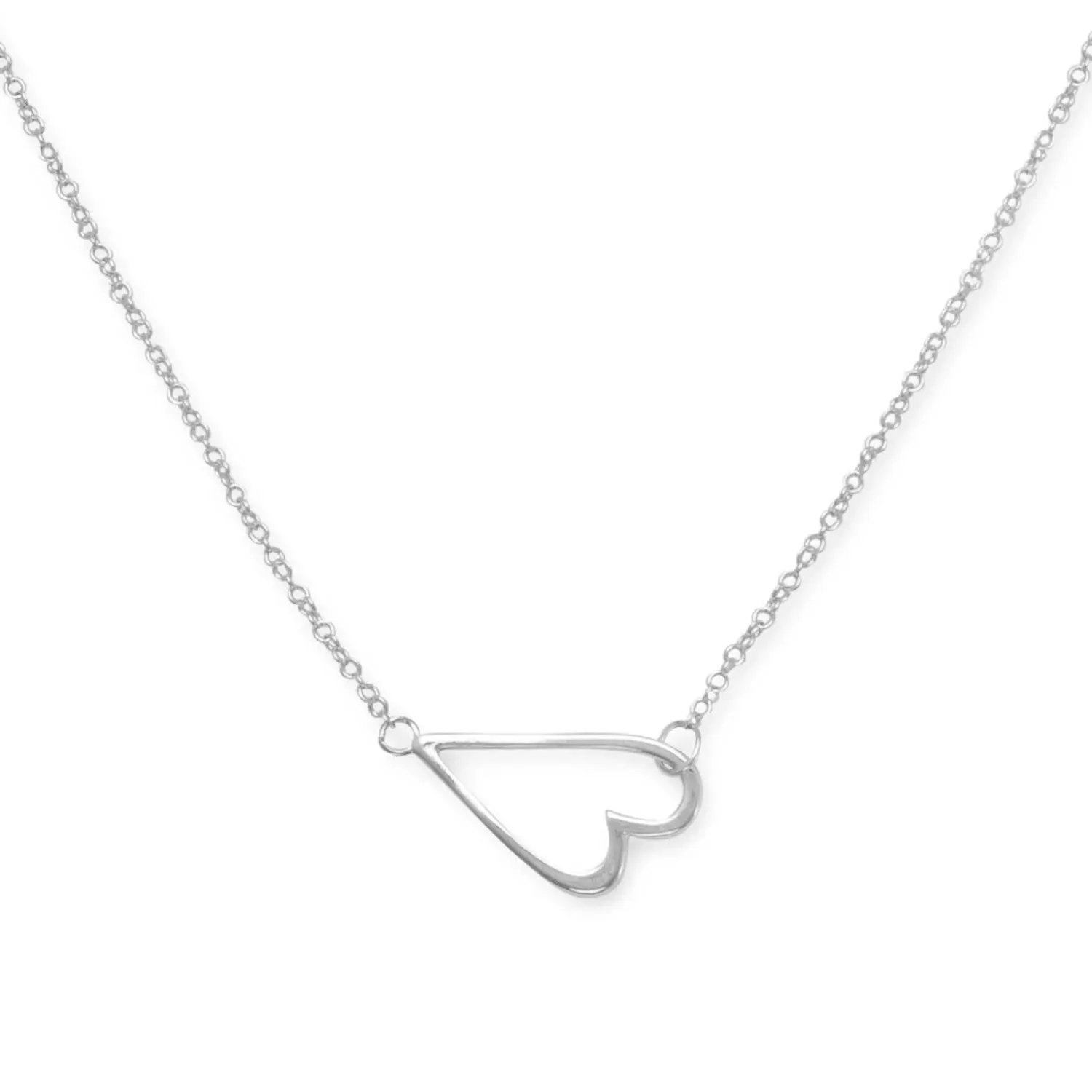 Sideways Heart Necklace Rhodium Plated 925 Sterling Silver 12x18mm 16+2 Inch