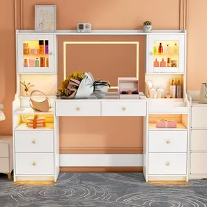 62" Multifunctional Large White Vanity Desk with Power Outlet, Makeup Vanity with Mirror and LED Lights, One Piece Controls 3 Lighting Modes, 4 Drawers Vanity with 2 Cabinets and Glass Top for Bedroom,Makeup Room