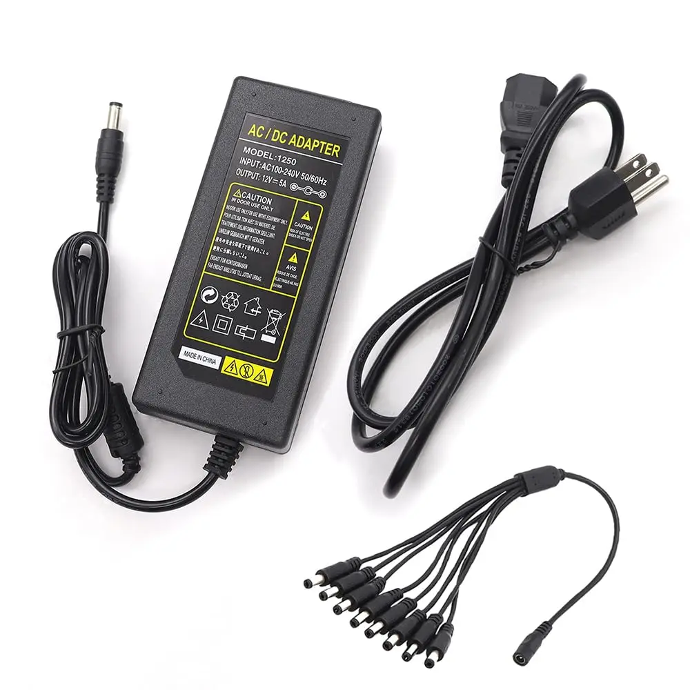 3-Prong  Camera Power Adapterm,12V 5A 100V-240V Camera Power Adapter 8-Way Power Splitter  for CCTV/Camer/DVR
