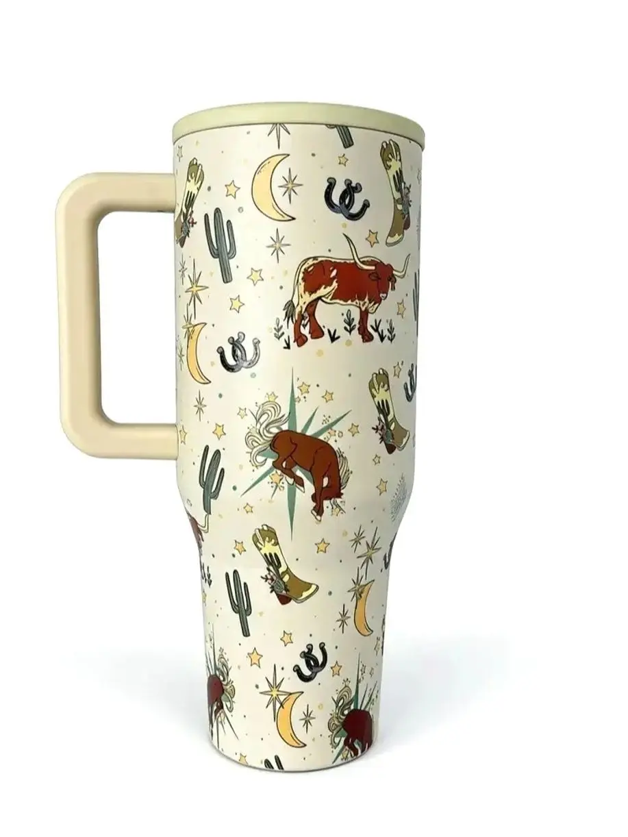 HydroJug 40oz Traveler Straw Cup with Western Lucky cowboy themed print, Integrated with classic western cowboy elements, Cup Holder Friendly Base Lightweight Stylish Mug Water Bottles