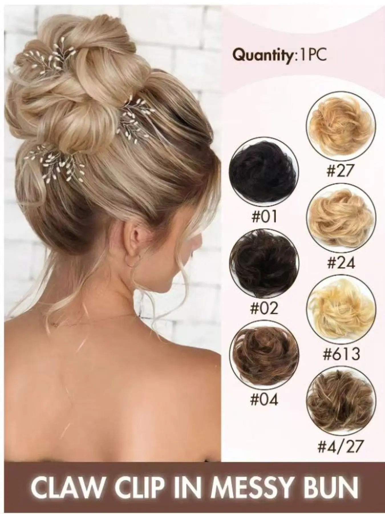 1pc Messy Bun Hair Piece With Claw Clip, Real Human Hair Bun, Curly Wavy Fluffy Hair Bun Hair Scrunchie, Medium Brown Ombre Clip-In Hair Bun. Large Messy Bun Hair Piece With Claw Clip, Real Human Hair Bun, Wavy Bun Hair Piece, Women Daily Wear