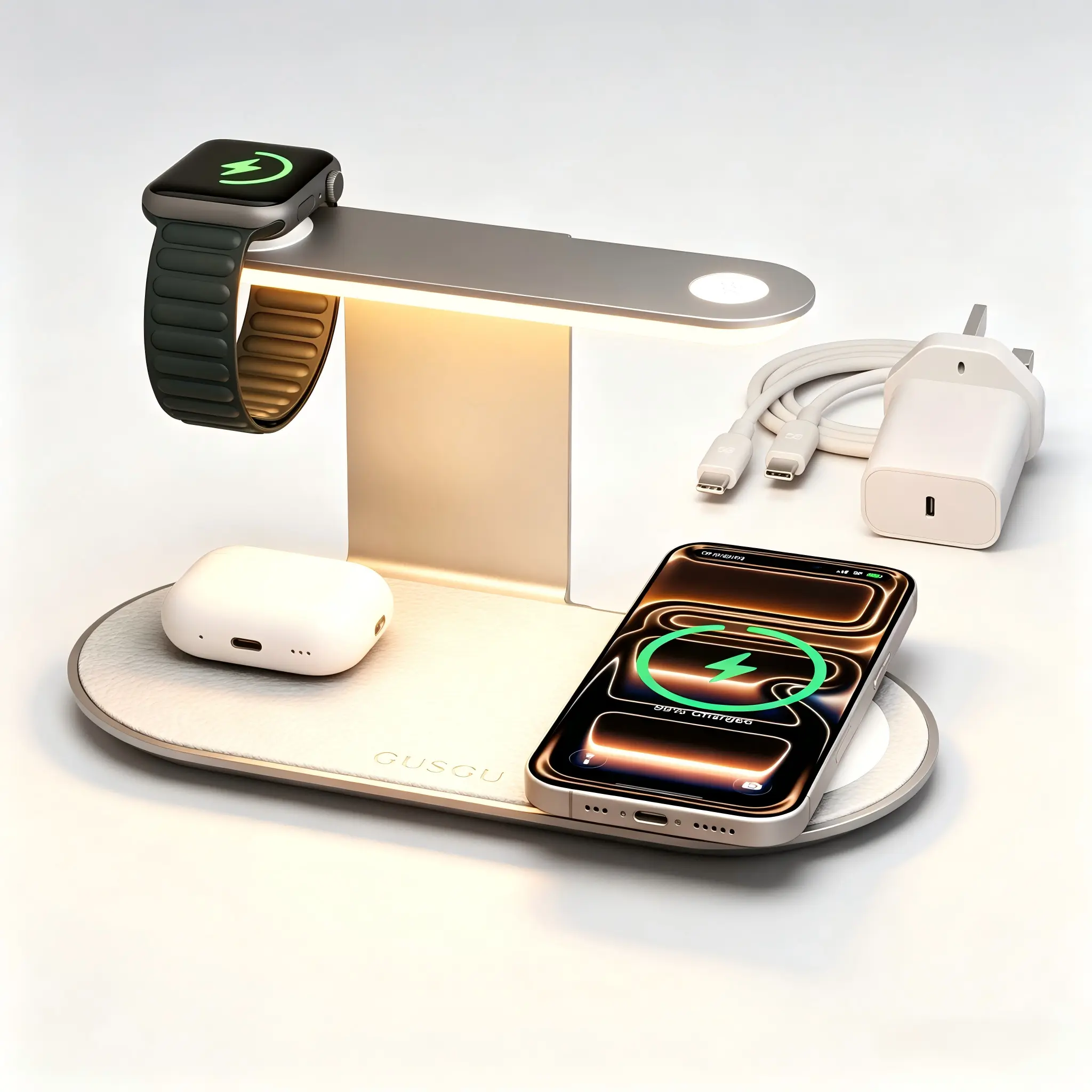 4-in-1 Wireless Charging Station with Night Light, Fast Charger Dock for iPhone/Apple Watch/AirPods, USB C Powered Desk Accessory