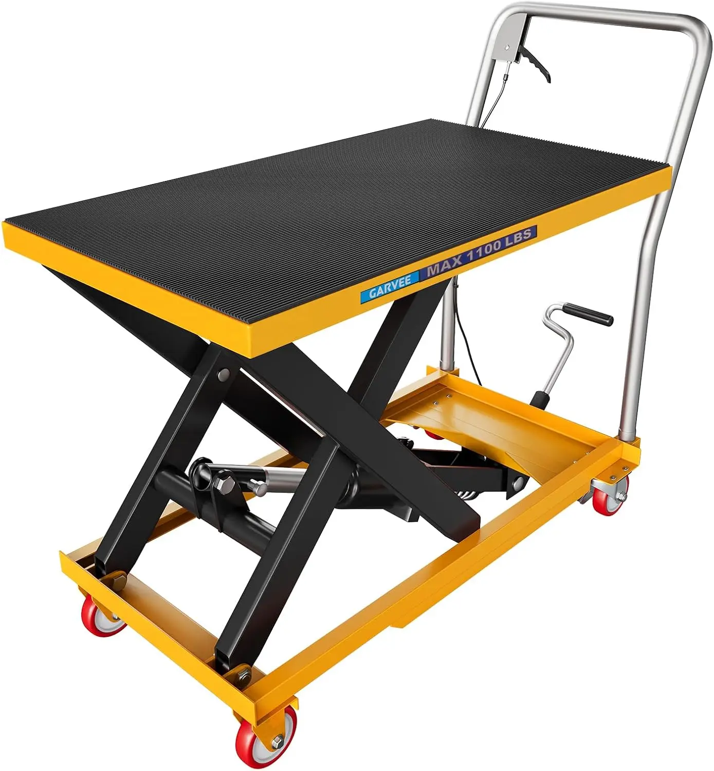 Garvee Hydraulic Scissor Lift Table Cart – 1100 lbs Capacity – 35.4" Max Lift Height – Heavy Duty Steel – Locking Swivel Casters – Non-Slip Pad – Foot Pump – Material Handling – Garage, Warehouse, Factory