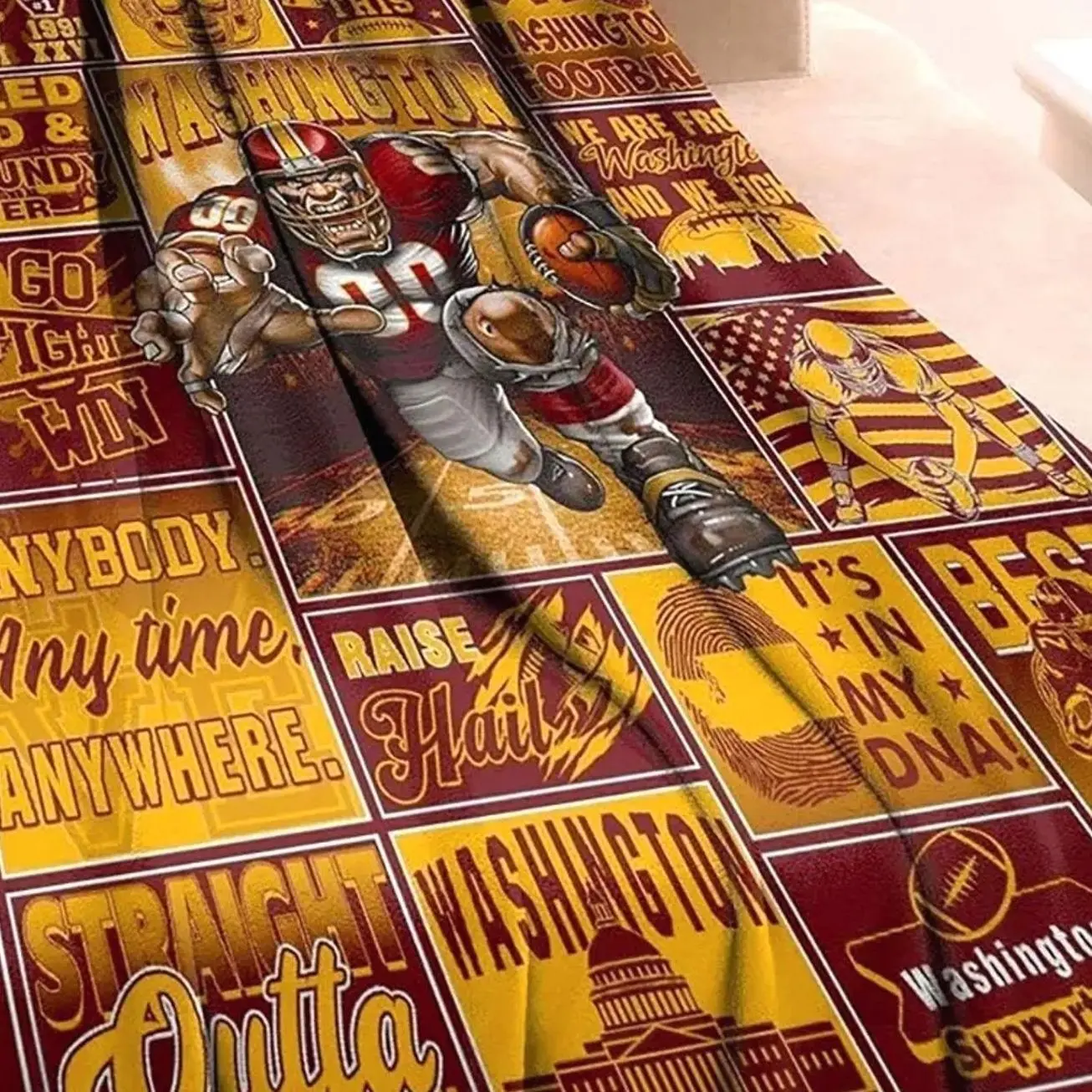 Washington Football Retro Flannel Blanket, Vintage Burgundy Gold Team Inspired Throw Blanket, Soft Cozy Sports Bedding
