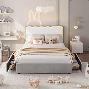 Upholstered LED Bed Frame with 2 Storage Drawers, Velvet Princess Platform Bed with Chic Double Wavy Headboard for Girls/Kids/Boys, Firm Wood Slats Support, No Box Spring Needed, Grey