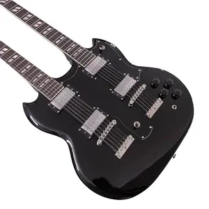 Gloss Black Double Neck 12+6 Strings Guitar Solid Mahogany, Chrome Hardware