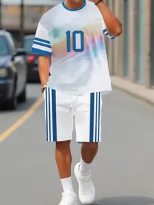 Men's Casual Short Sleeve Set, Sporty Tee & Track Shorts, Football Jersey, Summer Outdoor Wear, Fitted Crop Top with Drawstring Pants, Sportswear