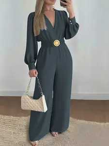 A set of casual women's waist cinched Solid color jumpsuit V-neck bubble sleeve wide leg pants, suitable for autumn and winter, suitable for home, indoor, and outdoor wear