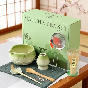 8 PCS Matcha Whisk Set, Green Matcha Kit Set WithCherry Blossom Embossed Pattern Includes Bowl with Spout, Bamboo Whisk, Holder, Bamboo Scoop x2, Scoop Rest, Stainless Sifter and Tea