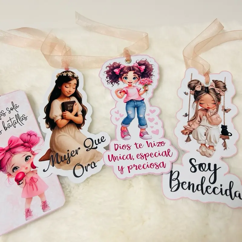 Set of 4 Bookmarks "Que dice Dios de mi" - Inspirational Quotes with Adorable Character Designs for Reading Enthusiasts