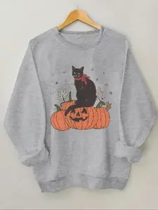 Women's Cat & Halloween Pumpkin Print Drop Shoulder Sweatshirt, Casual Long Sleeve Round Neck Pullover for Fall & Winter, Ladies Clothes for Daily Wear