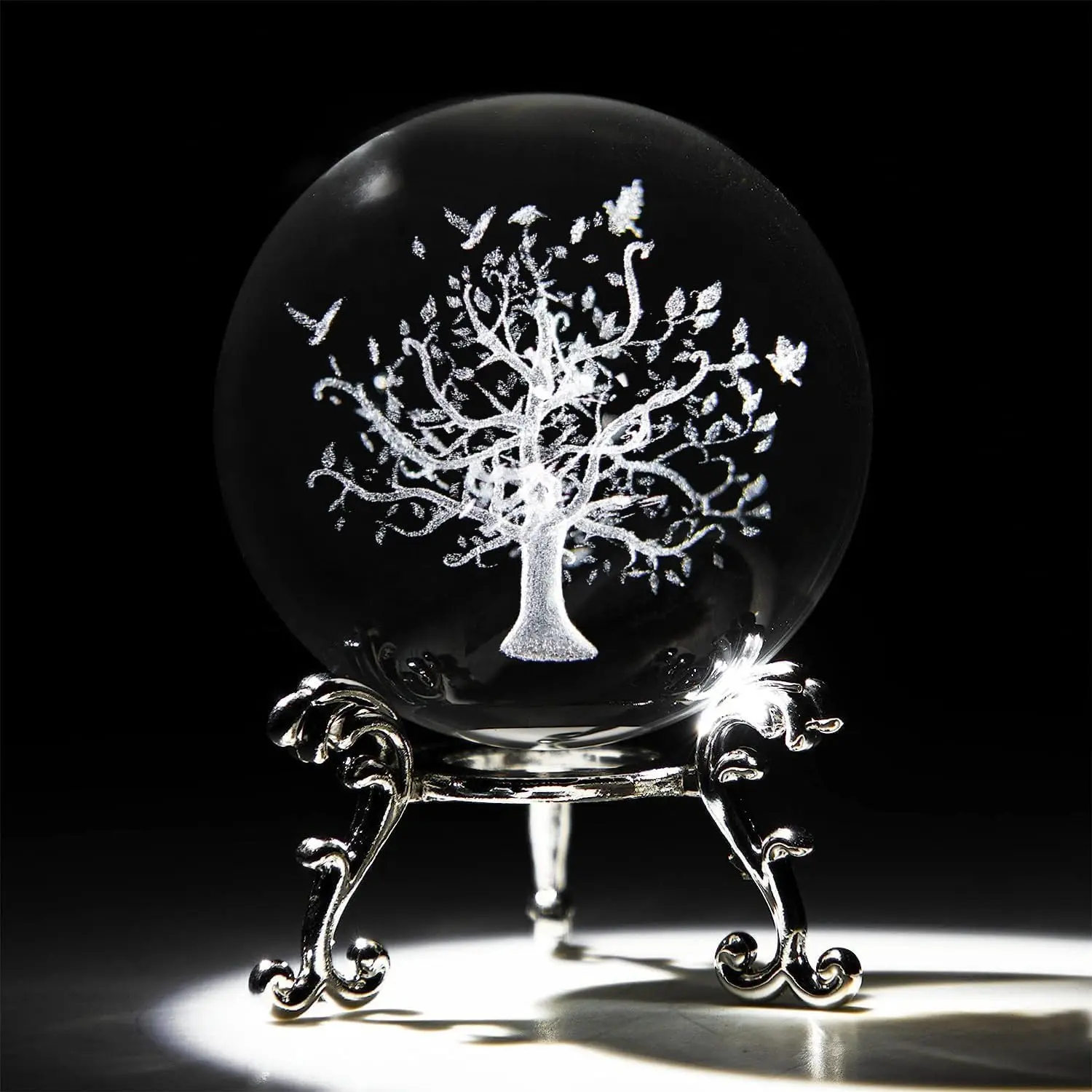 60mm Tree of Life Crystal Ball with Stand 3D Laser Engraved Figurine Paperweight Decoraive Quartz Glass Sphere Home Decor Table Craft