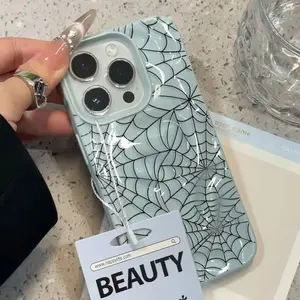 Black Spider Web Silicone  For iPhone 13 16 15 14 12 Pro Cover for iPhone 15 16 Plus 13 11 12 14 15 16 17 Air Pro Max  girly  shockproof mobile   female  premium  anti-fall fashion gift design bracket magnetic   soft fashionable phone case junk protection