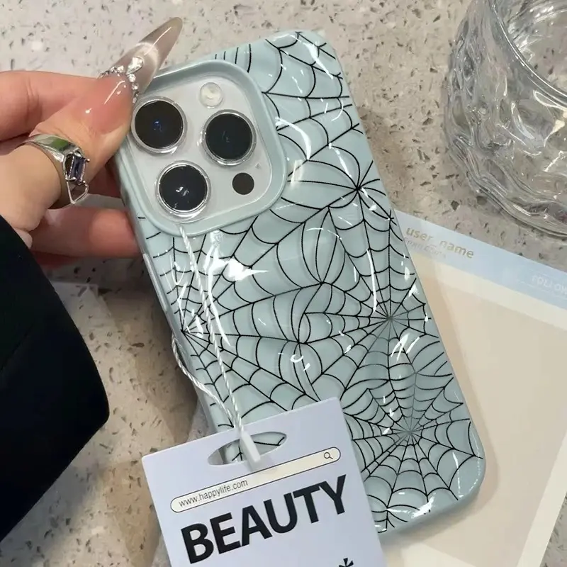 Black Spider Web Silicone  For iPhone 13 16 15 14 12 Pro Cover for iPhone 15 16 Plus 13 11 12 14 15 16 17 Air Pro Max  girly  shockproof mobile   female  premium  anti-fall fashion gift design bracket magnetic   soft fashionable phone case junk protection