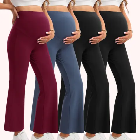 Women's 4-Pack Maternity Flared Leggings - Halloween Maternity Clothing, Knitting Fabric, Elastic Waist, Over-the-Belly Extra Support, Built-in Pockets, Soft, Casual All-Season Pants for Holiday Workout, Assorted Colors