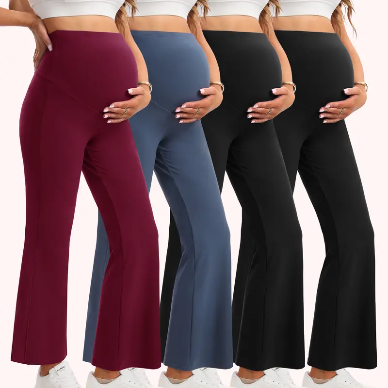Women's 4-Pack Maternity Flared Leggings - Halloween Maternity Clothing, Knitting Fabric, Elastic Waist, Over-the-Belly Extra Support, Built-in Pockets, Soft, Casual All-Season Pants for Holiday Workout, Assorted Colors