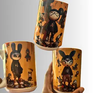 15oz Graphic Print Sublimation Coffee Mug with Unique Design Featuring Cartoon Characters and Bold Orange Background