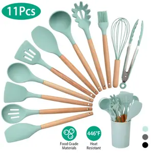 SENROB 11Pcs Silicone Cooking Utensil Set Heat Resist Wooden Handle Silicone Spatula Ladle Spaghetti Server Tongs Spoon Egg whisk Kitchenware Set w/ Holder