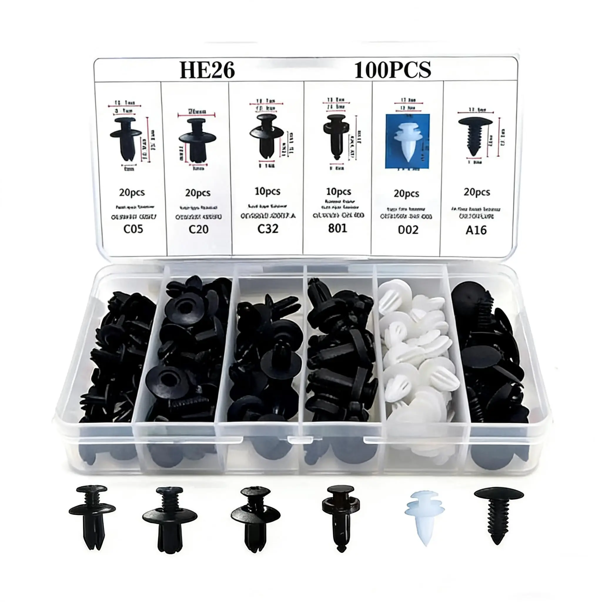 100/200 PCS High Quality Material Heavy-Duty Car Plastic Rivets Fastener Kit, 6 Popular Sizes Push Type Retainers Bumper Clips, Auto Push Pins for GM, Time & Money-Saving with Easy Storage for Door Trim/Fender Panels