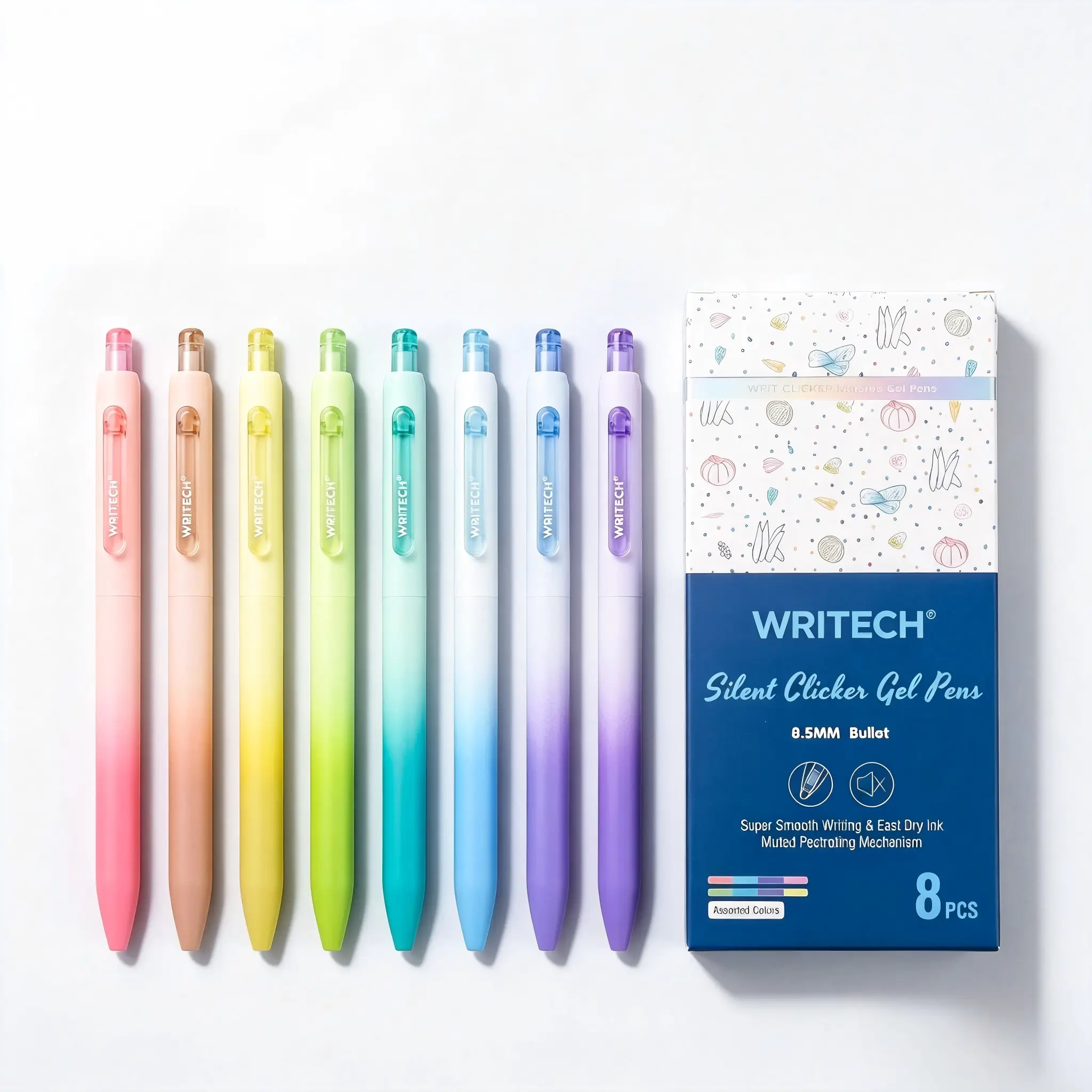 WRITECH 8 Pack Gradient Silent Click Gel Pens,Aesthetic Pastel Gradient Pen Set for Journaling Note Taking School Office Supplies