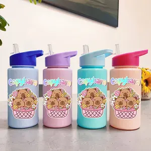 1 Pc Kapibala cute cartoon-style plastic water bottle, 500ml/16.9oz, cartoon animal pattern design, solid color, slanted mouth, portable handle, pop-out lid, suitable for sports, perfect birthday gift.