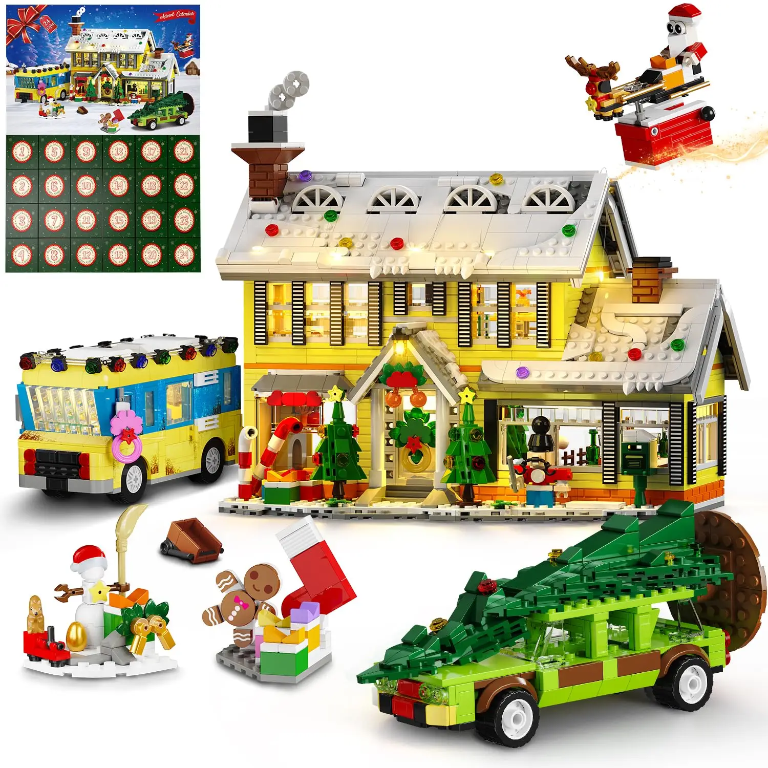 HOGOKIDS Advent Calendar 2025 Christmas Building Set with Light, 24 Days Christmas Countdown House Mini Building Block Kit with Bus & Pickup Truck, Ho