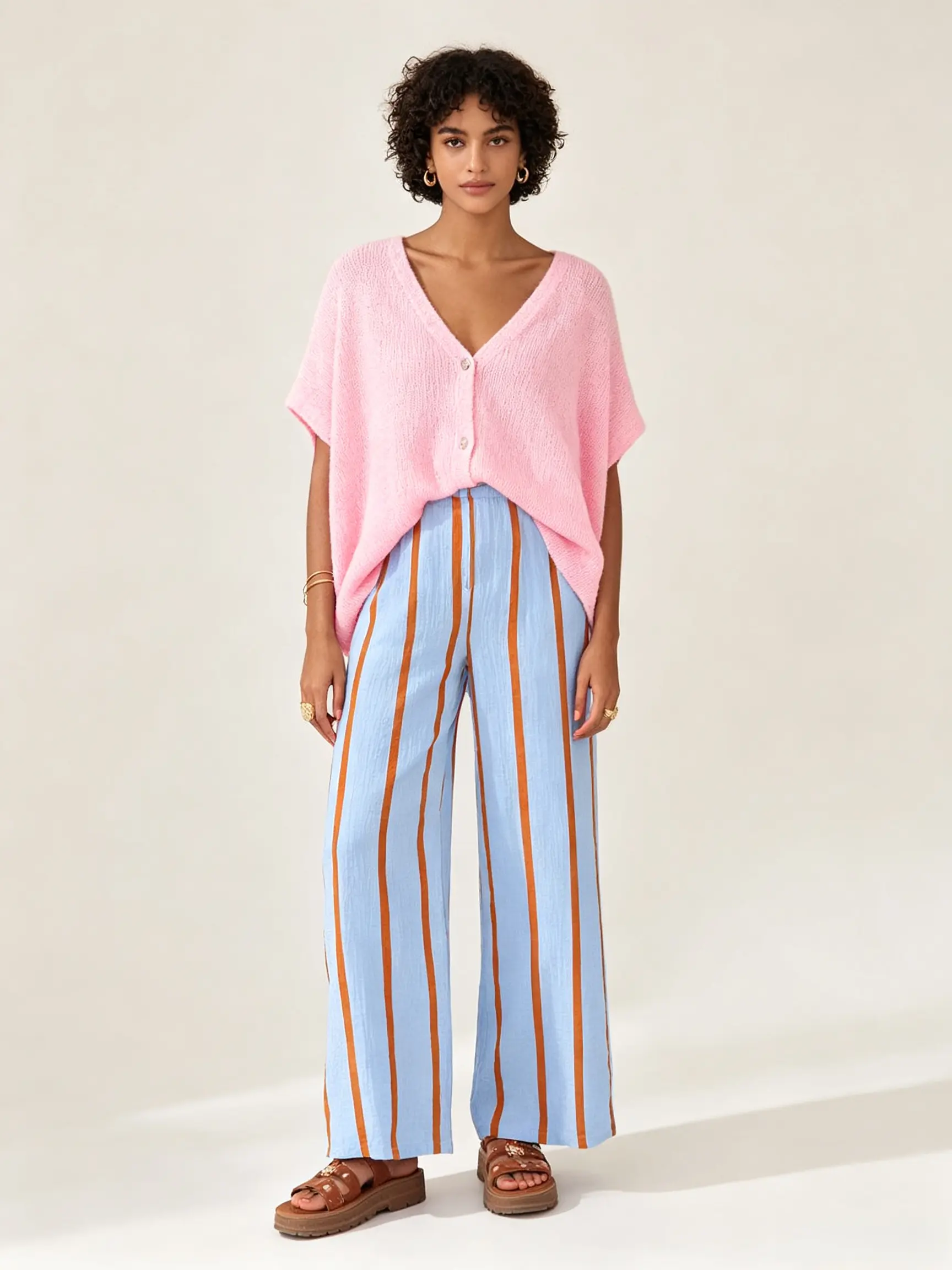 Women’s Retro Color-Block Vertical Striped Wide-Leg Pants, Womenswear Bottoms with Drawstring Waist, Side Pockets, Lightweight Breathable Loose Straight Casual Pants for Daily & Outdoor Styling