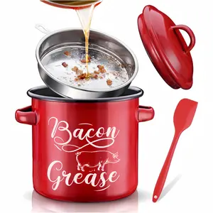 46OZ  Bacon Grease Container With Strainer, Large Enamel Grease Container, With Silicone Spatula, Farmhouse Bacon Grease Keeper, Cooking Oil Container For Kitchen Fat Storage, Dishwasher Safe