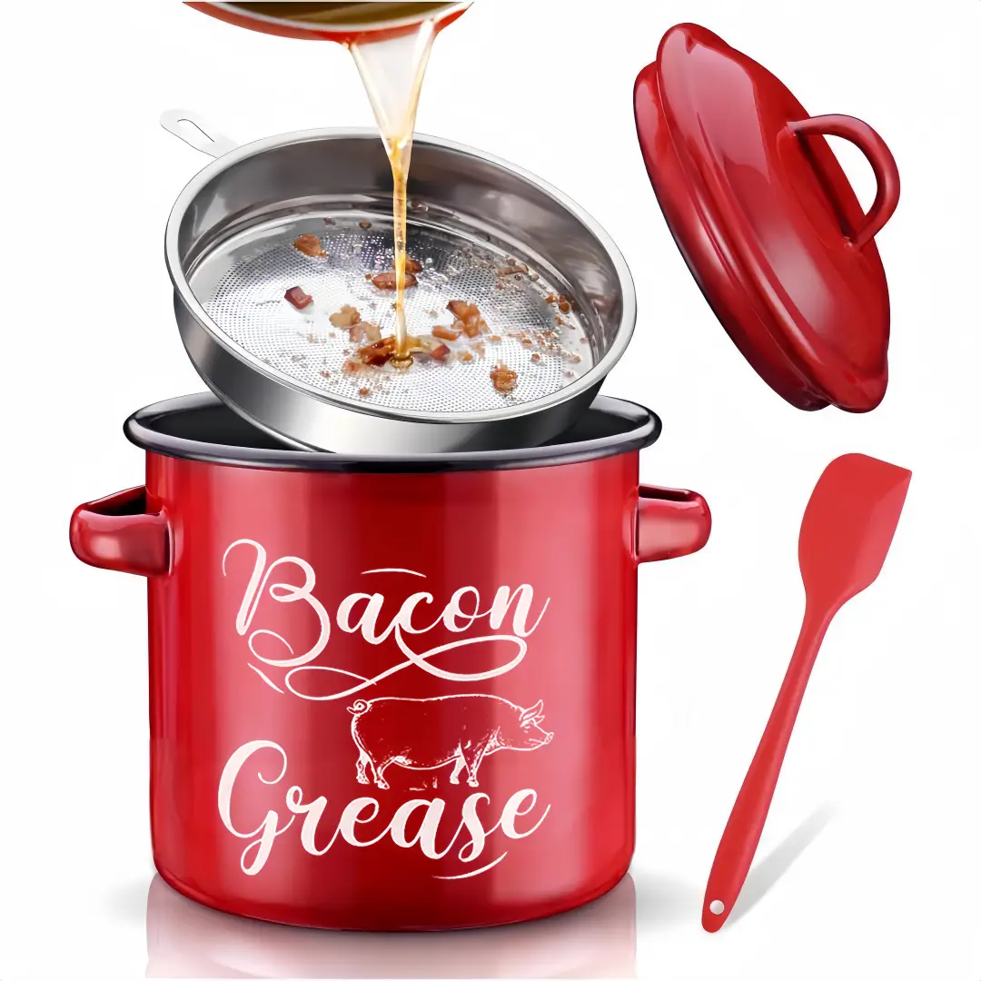 46OZ Bacon Grease Container With Strainer, Large Enamel Grease Container, With Silicone Spatula, Farmhouse Bacon Grease Keeper, Cooking Oil Container