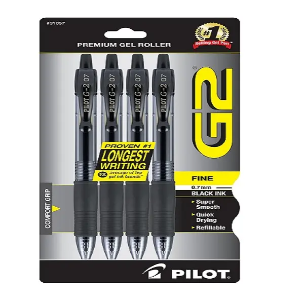 Pilot G2 Premium Gel Roller Pens, Fine Point 0.7 mm, Black, Pack of 4