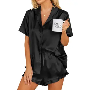 Womens Silk Pajamas Set Button Down 2 Piece Satin Pjs Shorts Set Ruffle Notch Collar Sleepwear Homewear Womenswear Loungewear