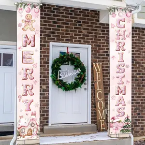 Christmas Decorations 2PCS Pink Merry Christmas Door Banner Decorations Gingerbread Man and Xmas Tree Porch Sign Decor for Front Door 71 x 12 Inch Hanging Banner Outdoor Indoor Wall Decor