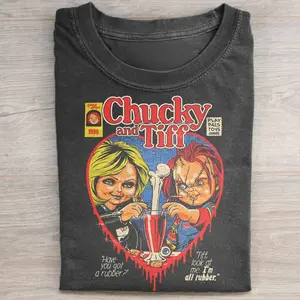 Vintage Chucky and Tiffany Valentine Graphic Tee - Child's Play Movie Shirt - Iconic Movies Scene - Horror Characters Tee - Iconic Villains From Horror Films - Pumpkin Shirt - Spooky Season - Trick or Treat - Fall Season Womenswear Printed