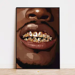 Black Man Wall Art – Gold Teeth Grillz Poster, Hip Hop Dorm Decor, Unframed