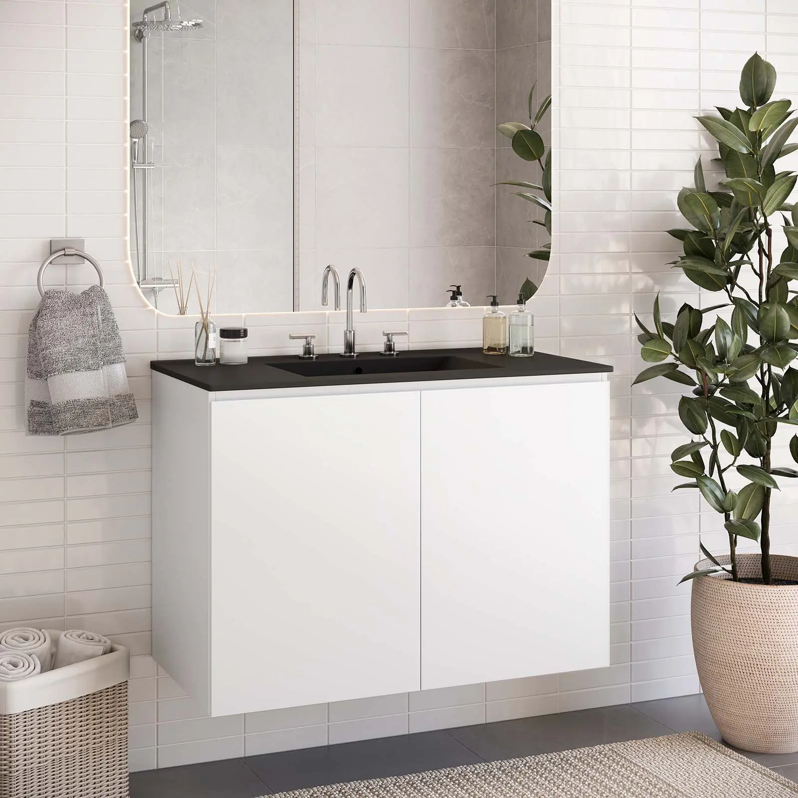 Modway Bryn 36" Wall-Mount Bathroom Vanity in White Black