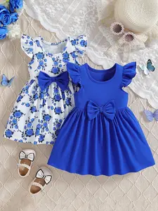 Girls' Klein Blue Bow Dress Set, Fresh Sweet Style, Textured Fabric, Small Sleeve Design, Large Bow Decor, Rose Print, Floral Dress, 0-3 Years