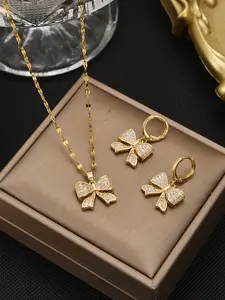 Fashion Full Diamond Bow Stainless Steel Women's Necklace, Fashion Full Diamond Bow Stainless Steel Women's Earrings Set, Fashionable Jewelry Set, Matching Jewelry Set