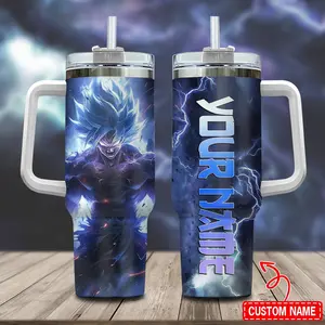 [DBZ] G0ku Blue Super Saiyan Custom Name 40oz Tumbler With Handle – Anime Gaming Style Stainless Steel Cup, Insulated Iced Coffee Travel Mug, Gift For Otaku & Anime Fans