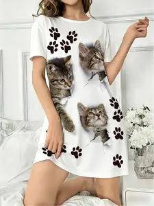 Women's Round Neck Short Sleeve Sleepwear Loungewear Homewear, Cat Paw All over Print Pajamas Pjs, Casual Fitted Home Clothing for All Seasons