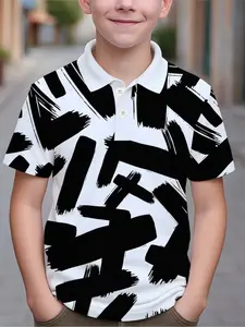 Boys' Artistic Ink Brush Stroke Drip Polo Shirt, Trendy Casual Short Sleeve Top, All-Season Slim Fit, with Collar and Buttons