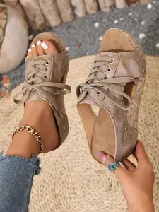 New Vintage Water Wash Shoe Face Rivets Wedge Heel Waterproof Platform Slip-On Soft Sole Slippers for Women Summer Outdoor Wear Platform Wedge Shoes